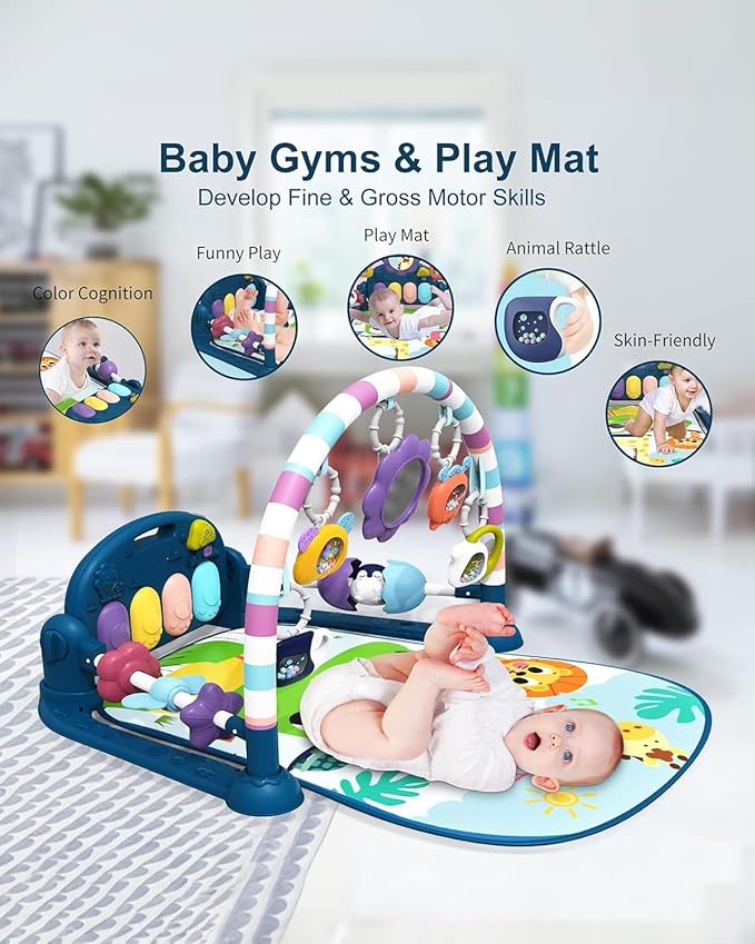 dearlomum Baby Play Mat Gym, Funny Play Piano Tummy Time Activity Mat with 5 Infant Sensory Toys, Music and Lights, Boy & Girl Gifts for Newborns 0 to 3 6 9 12 Months（New Blue）