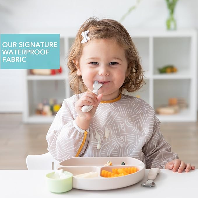 Bumkins Sleeved Bib for Girl or Boy, Baby and Toddler for 6-24 Mos, Essential Must Have for Eating, Feeding, Baby Led Weaning Supplies, Long Sleeve Mess Saving Food Catcher, Soft Fabric, Boho Beige