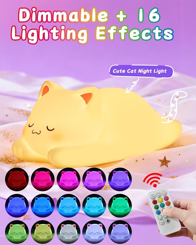 ZKLiLi Night Light for Kids Cute Cat Lamp,16 Colors+Tap+Remote+Silicone Kids Night Light,USB Remote Rechargeable Cat Night Lights for Room Decoration, Girls
