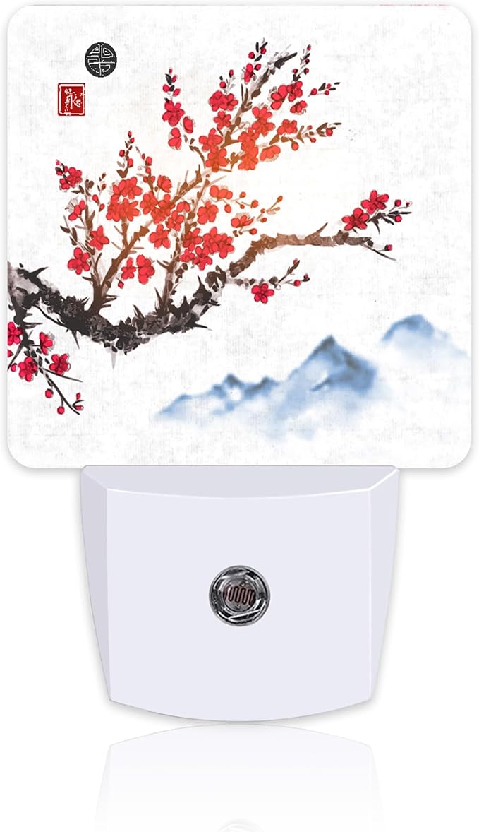 Cherry Blossom and Mountain Night Light, Watercolor Ink Painting Dusk to Dawn Night Light Plug in,0.5w Energy Saving Sleep Friendly NightLight for Kids Boys Girls Home Decor