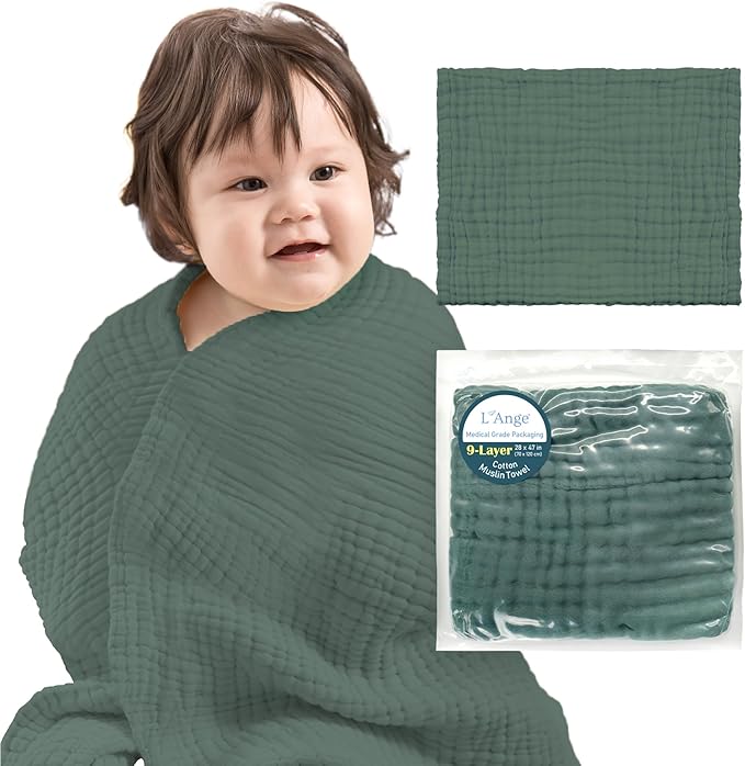 L'Ange Baby Bath Towel - 9 Layers 100% Cotton Muslin, Super Quick Dry, Medical Grade Packaging for Infants and Newborns - 28 x 37in - Green