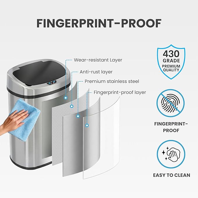 iTouchless 50 Liter / 13 Gallon Stainless Steel Kitchen Trash Can with Sensor 2.0 Tech Touchless Lid and AbsorbX Odor Filter, Oval Slim Space-Saving Automatic Garbage Bin for Home, Office, Business