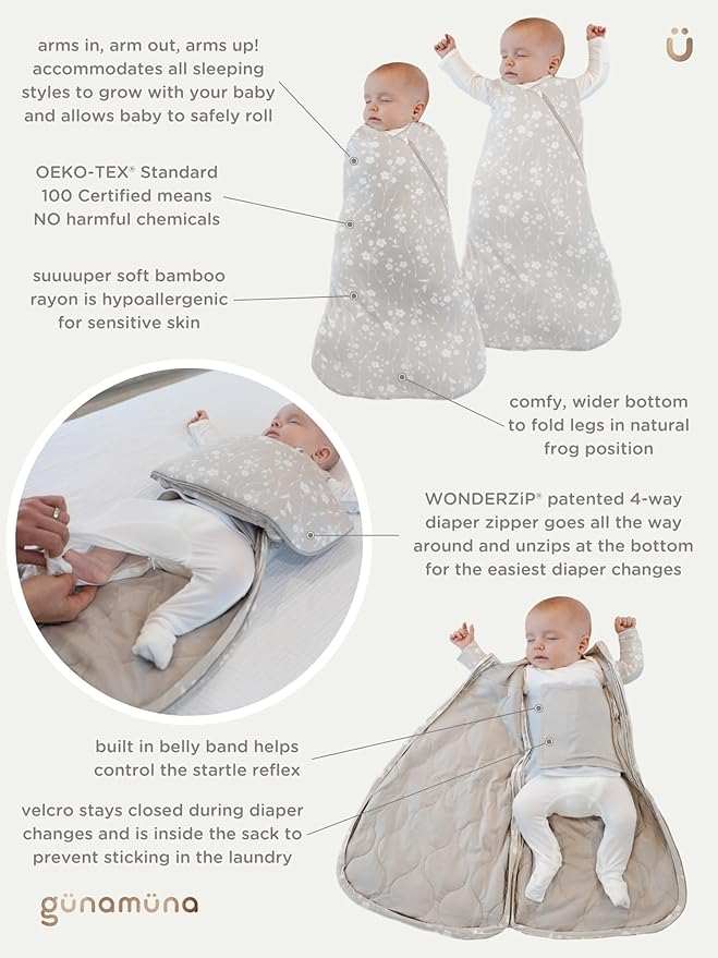 GUNAMUNA Swaddle Wrap for Newborns – Arms In or Out, Easy Diaper Changes with WONDERZiP, Soft Sleep Sack, 1.0 TOG, Goose, 0-3 Months
