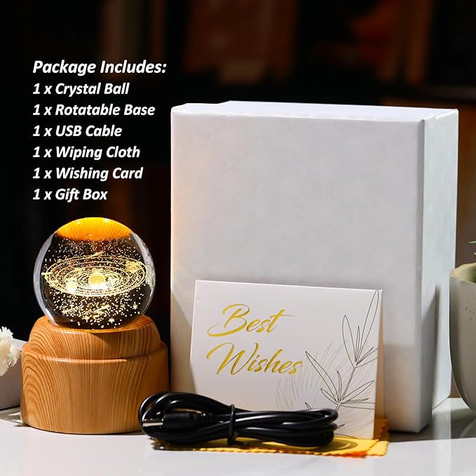 Ornalrist 3D Solar System 2.36“ Crystal Ball with Rotated Wood Bases, Space Decor Astronomy Gifts for Women Men Physics Enthusiasts Science Teacher Planet Lamp Universe Night Light