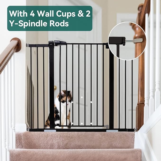BABELIO 36" Tall Baby Gate PressGuard P7, 29-48" Auto-Close & Pressure Mounted, Black Steel Dog Gate for Stairs & Doorways