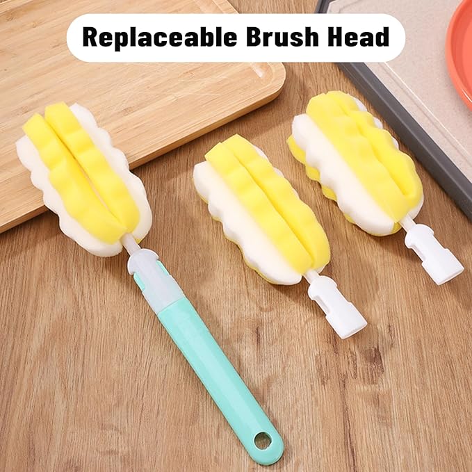 INVODA 4PCS Bottle Brush Long Handle Cup Cleaner Brush Sponge Bottle Scrubber Detachable Handle Portable Sponge Cleaning Brush for Baby Bottle Dishwashing Kitchen Clean Glasses Mugs (4 PCS)
