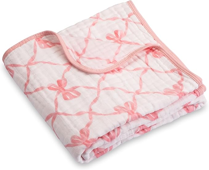 LollyBanks Muslin Baby Blanket 100% Organic Cotton, Muslin Quilt Lightweight, Muslin Blanket for Girls, 6 Layers Baby Blankets 47"x 47", Soft Nursery Receiving Blankets (Pink Bow Print)