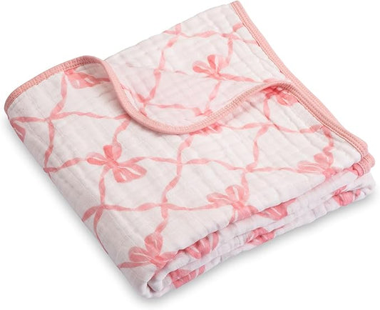LollyBanks Muslin Baby Blanket 100% Organic Cotton, Muslin Quilt Lightweight, Muslin Blanket for Girls, 6 Layers Baby Blankets 47"x 47", Soft Nursery Receiving Blankets (Pink Bow Print)