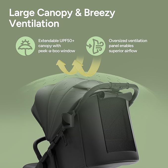 Mompush Nova Baby Stroller for Toddler, Infant & Newborn | Spacious Seat & Lie-Flat Mode | Compact One-Hand Fold, UPF 50+ Canopy & All-Wheel Suspension | Includes Rain Cover & Cup Holder