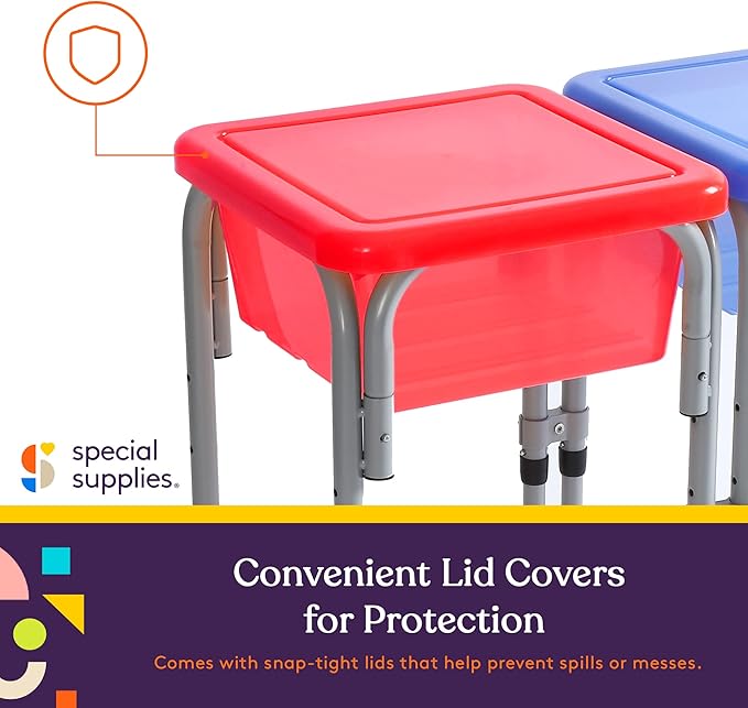 Special Supplies Sensory Activity Table for Kids and Toddlers -with Plastic Buckets and Beach Toys for Interactive Learning - Water, Sand, and STEM Play (Three Buckets - Green + Blue + Red)