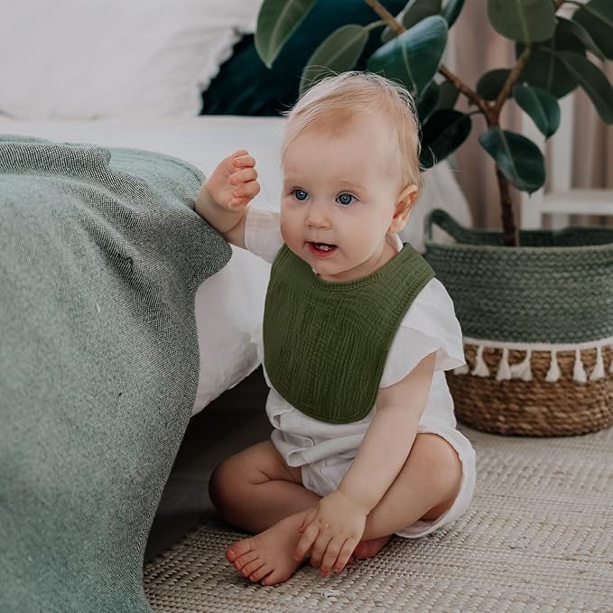 GLLQUEN BABY Muslin Drool Bibs for Boys Girls 8 Pack, Adjustable Baby Bibs for Drooling and Teething, Soft Cotton Baby Bandana Bib for Newborn Feeding Essentials (Green)