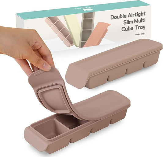 Silicone Freezer Trays with Lid,1.7oz 4 Section - Leak Proof Silicone Freezer molds for Homemade Baby Food Breastmilk,Purees, Vegetables, Baby Food Jars Ice Tray with Lid BPA Free Taupe Brown