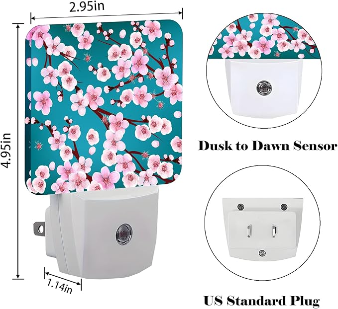 Cherry Blossom Night Light,Plug Into Wall Decor for Stairway,Hallway,Kitchen,Dusk to Dawn Sensor Nightlights for Boys/Girls/Women/Men Room Gifts