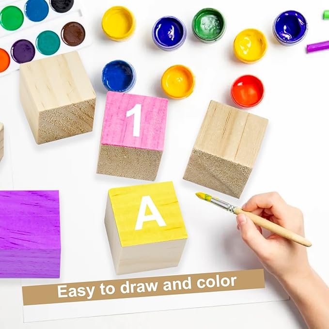 3 Inch Natural Unfinished Solid Wooden Cubes for Crafting, Carving, DIY Projects - 3 Pack Square Blocks for Puzzle Building, Art Painting & Woodworking