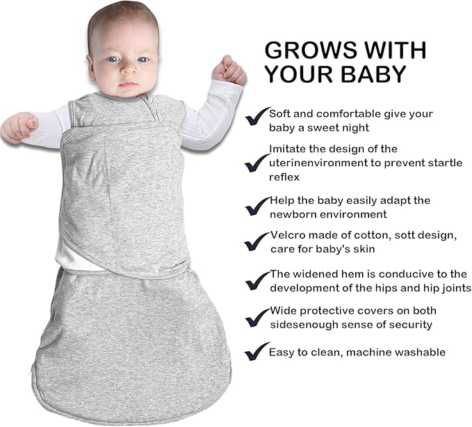 Baby Swaddle,Sleep Sack 6-12 Months,Adjustable Wearable Transition Blanket,Miracle Swaddles for Babies Large,100% Cotton(Gray)