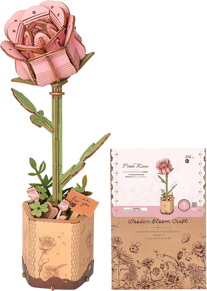 3D Flower Wooden Puzzles for Adults-Pink Rose, DIY Wooden Flowers Model Kit Building Set Crafts for Adults to Build, Botanical Collection/Ideal Creative Gift Ideas/Housewarming (104PCS)
