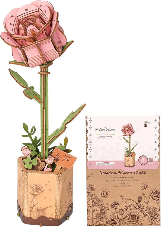 3D Flower Wooden Puzzles for Adults-Pink Rose, DIY Wooden Flowers Model Kit Building Set Crafts for Adults to Build, Botanical Collection/Ideal Creative Gift Ideas/Housewarming (104PCS)
