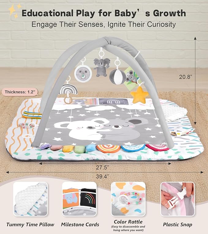 Baby Play Mat Activity Gym with Tummy Time Pillow, 6 Developmental Zones Tummy Time Mat, 6 Detachable Sensory Toys and Educational Cards, Essential Baby Shower Set, Grey Koala