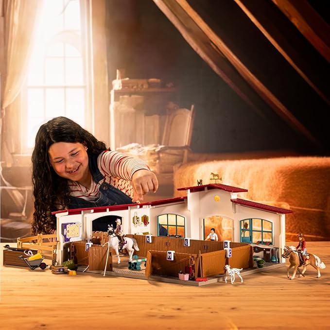 Schleich Horse Club - 179PC Peppertree Riding Arena Horse Playset with Real Dressage Cards - With Stable Set, 2 Horses, 3 Rider Figurines, Cards and Accessories - Toys for Girls & Boys Ages 5+ | 42639