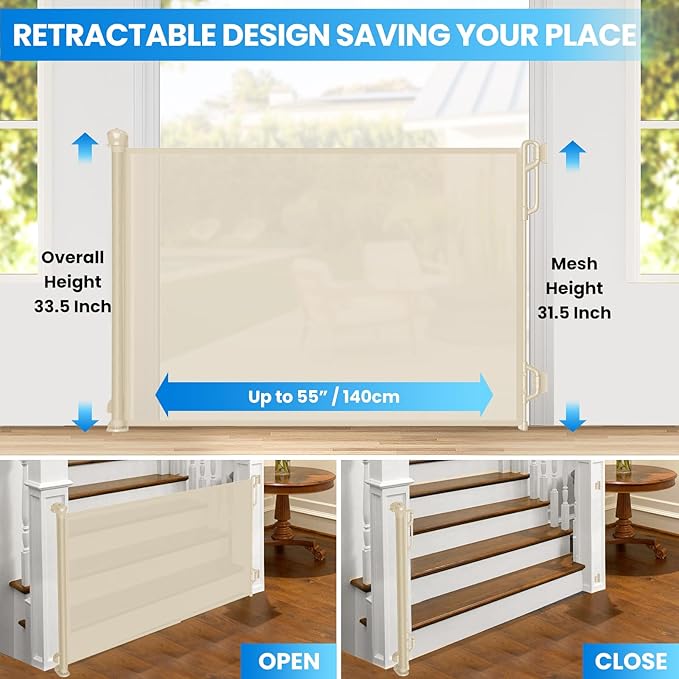 Retractable Safety Baby Gate or Mesh Dog Gate,Durable Portable Mesh Retractable Gate,Easy to Use for Stairs, Doorways, Hallways, Indoor, Outdoor, 33.5" Tall, Up to 55" Wide, Cream