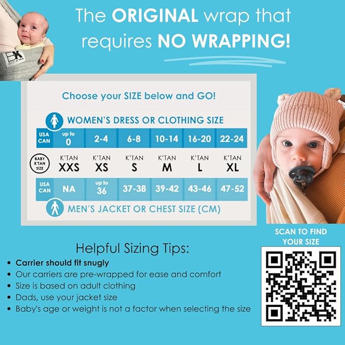 Original Baby K'tan Baby Carrier: #1 Easy Pre-Wrapped, Soft, Slip-On, No Rings, No Buckles | The Best Hands Free Infant Wrap for Newborn to Toddler up to 35lb (See Size Chart) + Baby Hat