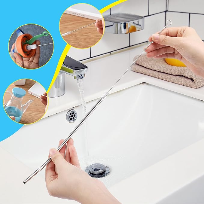 5 Pack Bottle Cleaning Brush Set, Stainless Steel Scrub Cleaner Brush with 14'' Long Handle and 3 Straw Brushes, Flexible for Cleaning Sport Water Bottles, Straws, Coffee Mug, Cups, Baby Bottle