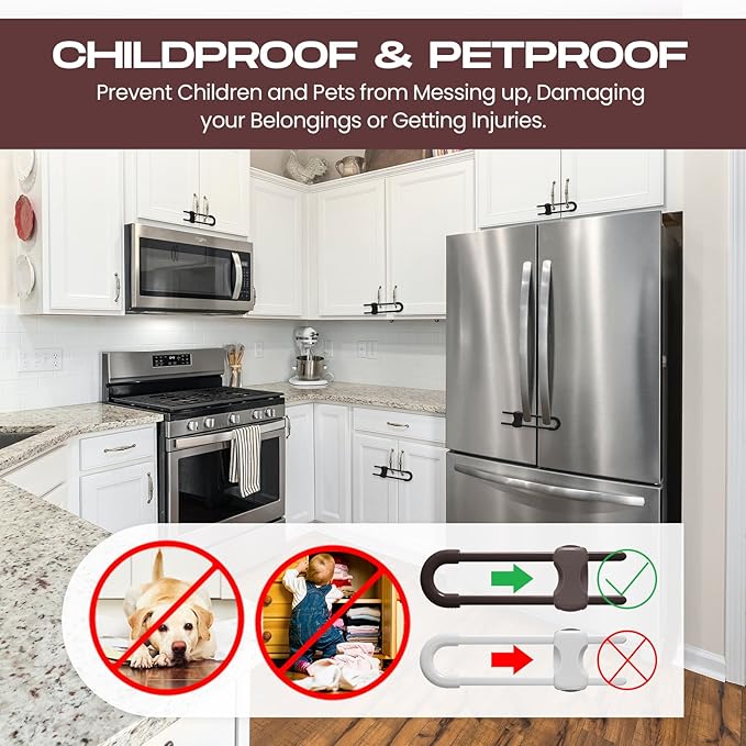 Jetec 10 Pieces Cabinet Locks for Babies, U-Shaped Proofing Drawers Safety Child Locks Adjustable, Easy to Use Childproof Latch for Knob Handle on Kitchen Door Storage Cupboard Closet (Brown,White)