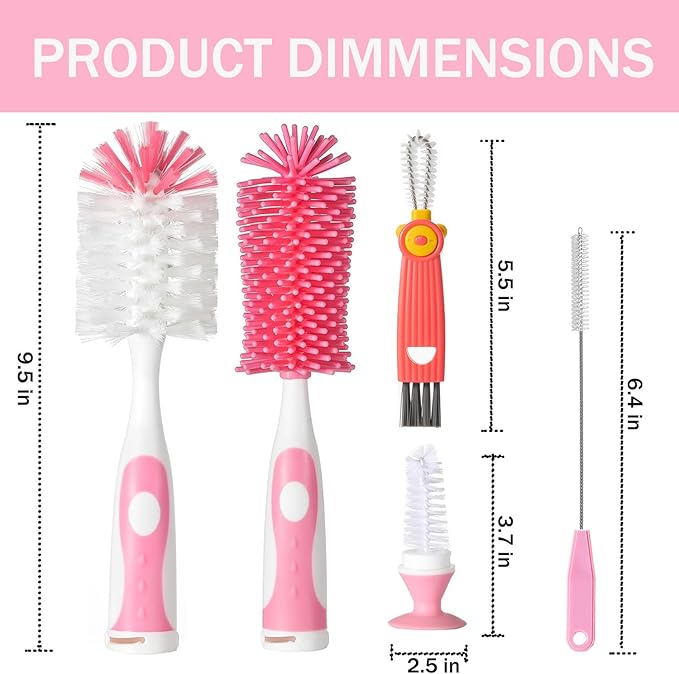 5 in 1 Bottle Cleaner Brush Set with Nylon and Silicone Bottle Brush, Straw Brush, Bottle Brush with Nipple Cleaner and Suction Cup, Cup Lid Cleaner Brushes Kit, BPA-Free (Pink)
