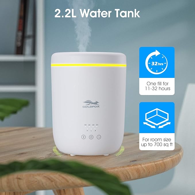 Cool Mist Humidifiers for Bedroom with Night Light, 2.2L Top Fill Small Humidifiers for Plants Indoor, 28dB Quiet Ultrasonic Air Vaporizer with 360° Nozzle, Easy Fill and Clean Safety Shut-off