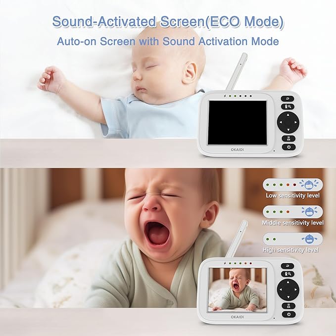OKAIDI Baby Monitor with Camera and Audio, 3.2" IPS Screen Video Baby Monitor No WiFi, Infrared Night Vision, VOX Mode, Sound Activated Screen, 1000ft Transmission Range