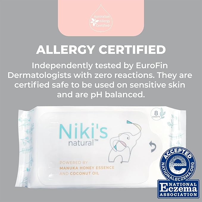 Niki's Natural Pocket Baby Wipes | Organic Baby Wipes Sensitive | Made with Manuka Honey and Coconut Oil, Unscented | EWG Verified | 320 Wipes (40 Pack x 8 Count Wipes)