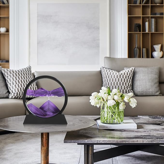 Moving Sand Art Liquid Motion, 3D Deep Sea Sandscape Color Quicksand Decor, Round Glass Moving Sand Art Picture Relaxing Desktop Home Office Work Decor (Purple, 7 inch)