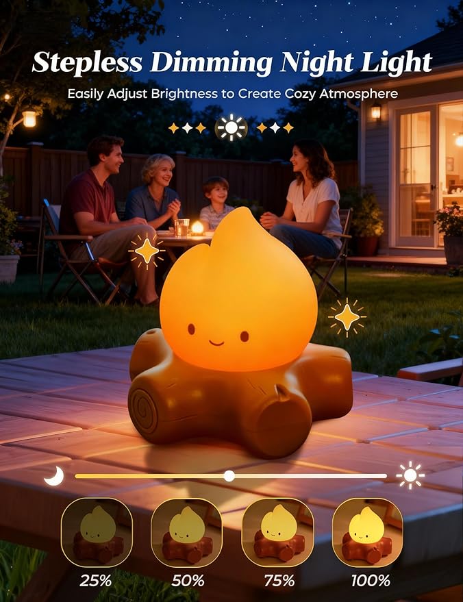 Chibi Campfire Lamp, Cute Flickering Flame Night Light, Soothing Nature White Noise, Rechargeable Cozy Campfire Light for Home Decor Camping Trips, Best Gifts