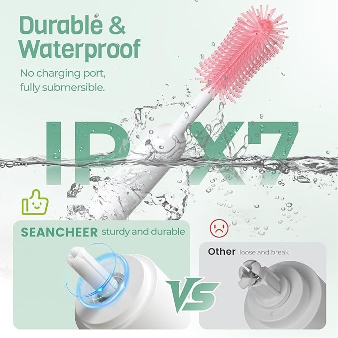 SEANCHEER S02 Electric Bottle Brush Set, Portable Baby Bottle Brush Cleaner, AA Battery-Powered & IPX7 Waterproof, with Silicone Bottle/Nipple/Straw Brush, for Home & Travel (Pink)