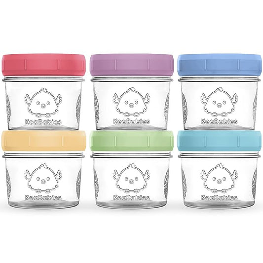 KeaBabies 6pk 4oz Glass Baby Food Containers with Lids - Leak-Proof, Microwavable Small Glass Jars, Baby Purees & Toddler Snack Storage Containers, BPA-Free, Dishwasher & Freezer Safe (Nord)