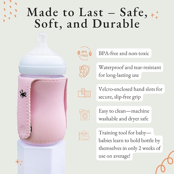 Baby Bottle Sleeve for Self-Feeding - Neoprene Baby Bottle Cover for Infants & Toddlers - BPA-Free, Adjustable Velcro Fit - for Ages 5 to 18 Months - Machine Washable (Pebble Grey)