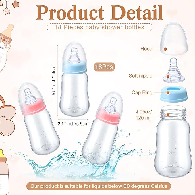 Roowest Bottle Chug Baby Shower Game Favors Including Boho Theme Wooden Sign and 18 Pcs Baby Bottles for Gender Reveal Party Supplies