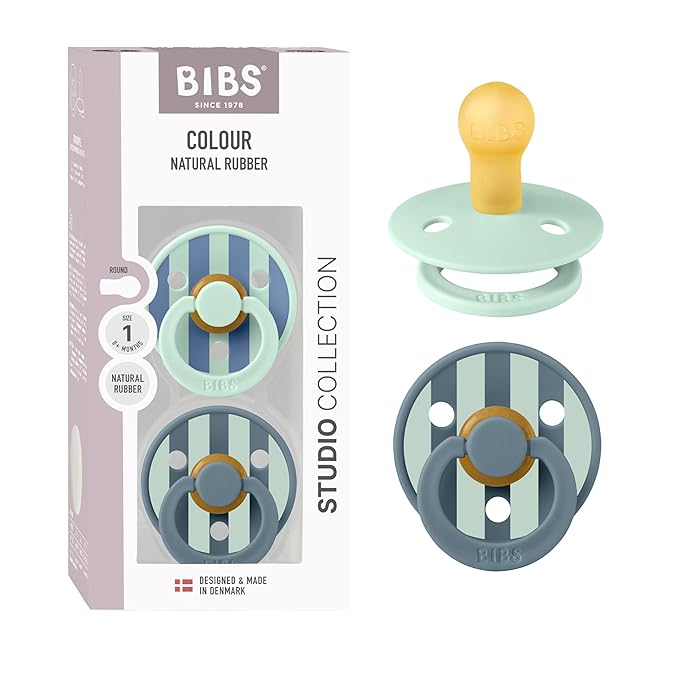 BIBS Pacifiers - Studio 2 Pack | Round Nipple Baby Pacifier | BPA Free Natural Rubber Latex Soother | Made in Denmark | Size 0+ Months | Block Nordic Mint Petrol