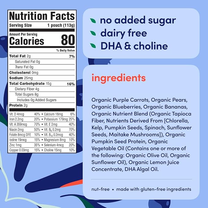 Cerebelly Organic Baby Food Pouches – Organic Purple Carrot Blueberry Pouch Protein, Healthy Fats, Non-Gmo Baby Food Meals 4 Ounce Bpa-Free Toddler Purees, 1 Count