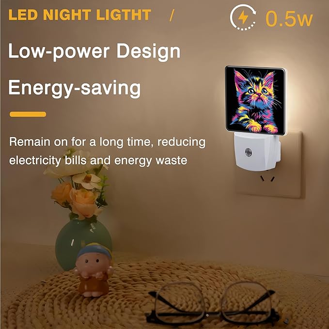 Night Light Colorful Cute Cat Night Lights Plug into Wall Smart Dusk to Dawn Sensor 0.5W Energy Efficient Led Lamp for Men Women Bedroom Bathroom Hallway Stairway Decor