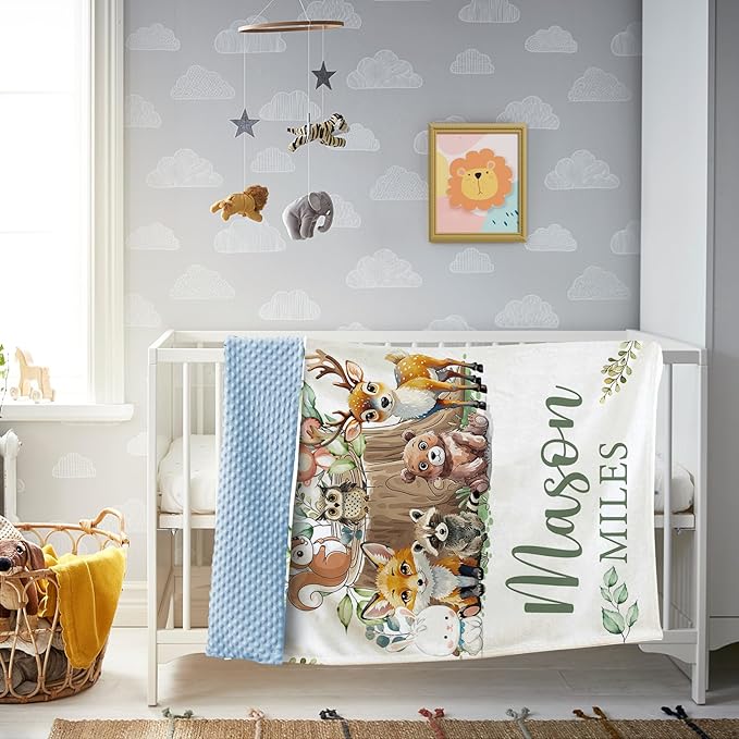 Custom Baby Blanket with Name, Customized Blanket for Newborn Boys Girls, Forest Animals Flannel Double Layer Dotted Backing Receiving Swaddle, Cute Keepsake Gifts for New Parents(60"x80")