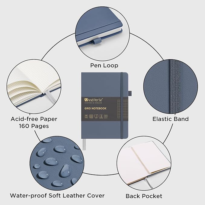 &And Per Se Graph Journal Notebook, 160 Pages, 5.7 x 8 inches College Ruled Thick Paper Notebook Journals for Writing, Grid Hardcover Notebook(1 Pack, Dark Blue)