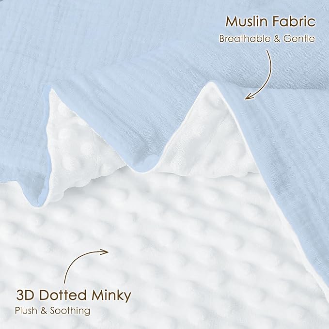 Baby Blankets for Boys, Soft Nursery Minky Blankets with Muslin and Dotted Fleece Back 30x40 inches, Receiving Bed Quilt for Newborn, Infants, Toddlers (Light Blue)