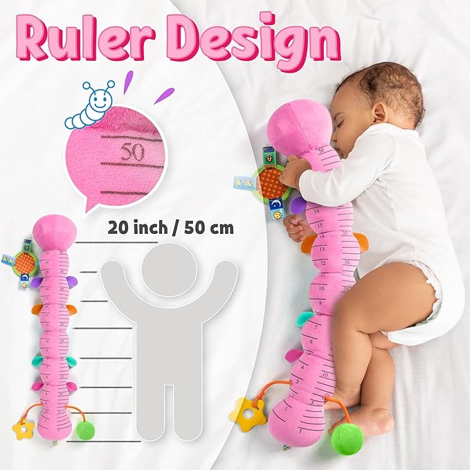LIGHTDESIRE Baby Toys Musical Caterpillar,Infant Toys Stuffed Animals with Ruler Design,Mirror,Pull String&Ring Bell,Baby Teething Toys for Tummy Time Toy Newborn Gifts 3 6 12 Months(Pink,Leafy Limb)