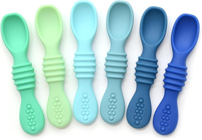 PrimaStella Silicone Chew Spoon Set for Babies and Toddlers - Safety Tested - BPA Free - Microwave, Dishwasher and Freezer Safe - Seaside Palette