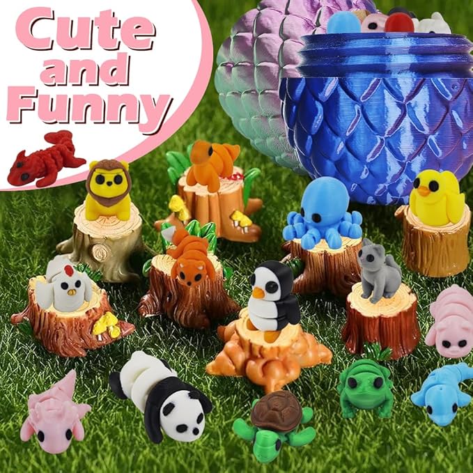 25 pcs Mini 3D Printed Animal Figurines Set with Dragon Egg: Articulated, Flexible, and Exquisitely Cute Fidget Toys for Play and Display for Valentine's Day, Easter, Bithday.