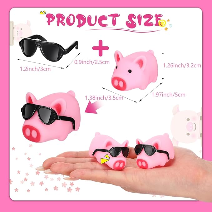 Liliful 200 Sets Mini Rubber Pig Bath Toy with Sunglasses Pink Float and Squeak Pig Bathtub Toys for Baby Shower Halloween Christmas Birthday Party Supplies