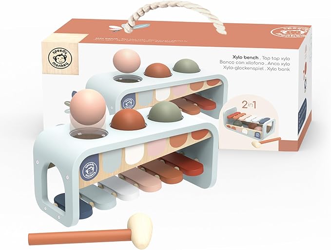 Speedy Monkey Tap Tap Xylophone – Vibrant Wooden Xylo Bench with 3 Balls, Hammer Play, Enhances Problem-Solving, and Cognitive Growth | Non-Toxic Finish, Ideal for Kids, Sturdy Learning Toy