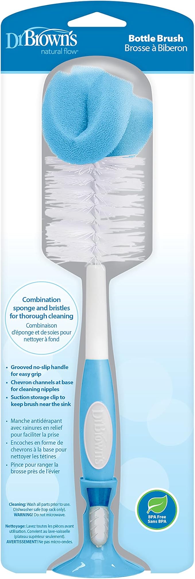 Dr. Brown's Reusable Sponge Baby Bottle Cleaning Brush with Suction Cup Stand, Scrubber and Nipple Cleaner, Assorted Color 1-Pack