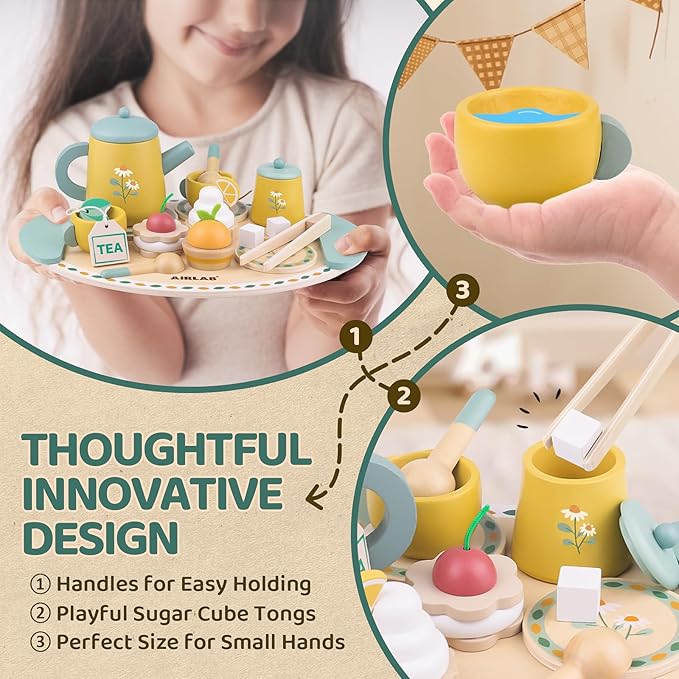 Tea Sets for Toddlers 3-5 Girl Birthday Gift 3 Year Old Princess Party Wooden Play Food Toy Sets for Kids Kitchen Accessories Age 3 4 5 6 Wood Educational Toys